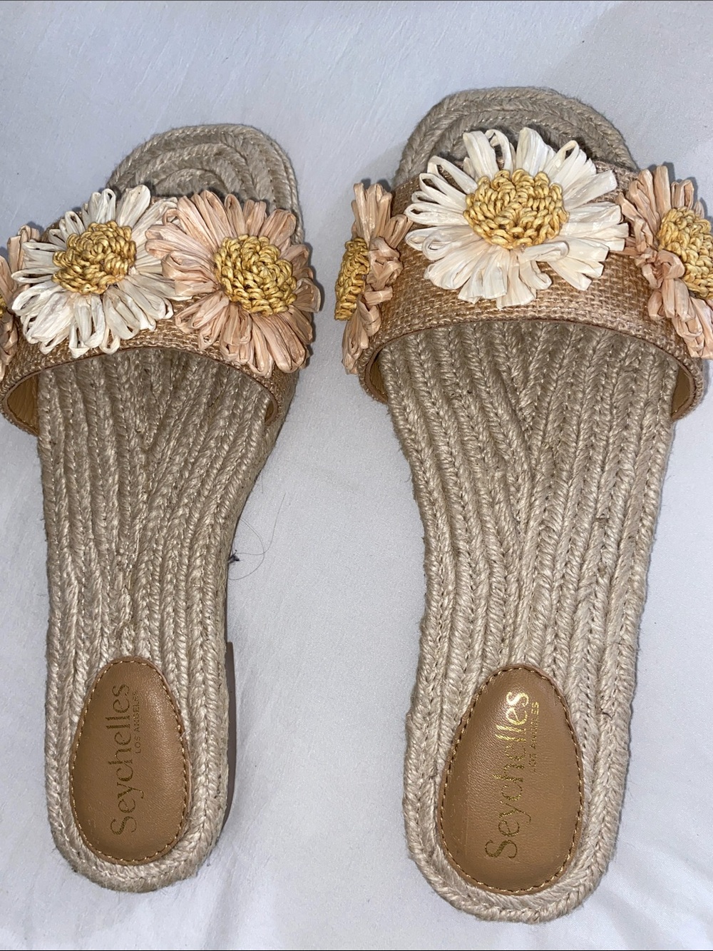 Seychelles Natural Raffia Slide Sandals with Daisy Embellishments